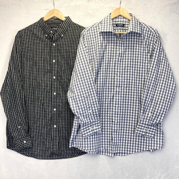 Lot of 2 Chaps Button Up Shirt Mens Large Long Sleeve Easy Care Stretch Plaid - Picture 1 of 16
